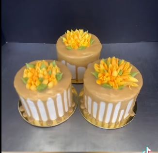 banana cake filled and iced with caramel